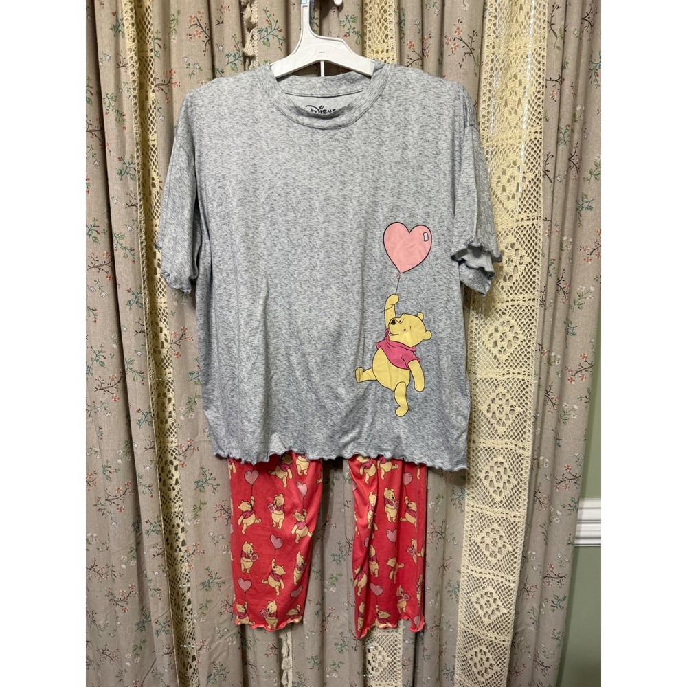Disney Winnie the Pooh Heart Balloon Pajama Set Pink Gray M 8 10 EUC